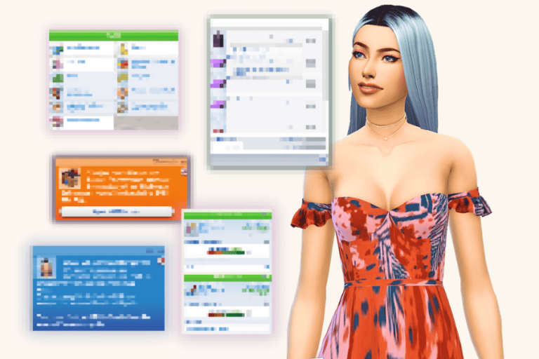 Profile view of a woman with blue ombre hair wearing a colorful off-shoulder dress surrounded by blurred social media notifications and messages, emphasizing social media mods for Must Have Mods keywords.