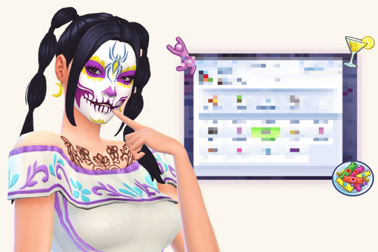 Sugar skull-themed female character with colorful face paint and black braided hair showcasing The Sims mods.