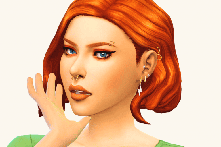 Vibrant red-haired female character with detailed piercings and striking makeup, showcasing popular Sims 4 mods for enhanced character customization. Perfect for gaming enthusiasts and Sims 4 modding community.
