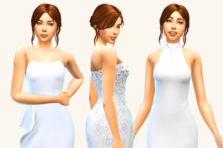 White elegant dress for Sims 4, casual and evening wear, must-have mod outfit, female character in stylish fashion, custom content clothing for Sims 4 game.
