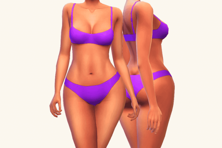 Purple bikini swimwear set for female character in The Sims, perfect for summer beach days and pool parties. Customizable mod for enhanced Sims fashion experience.