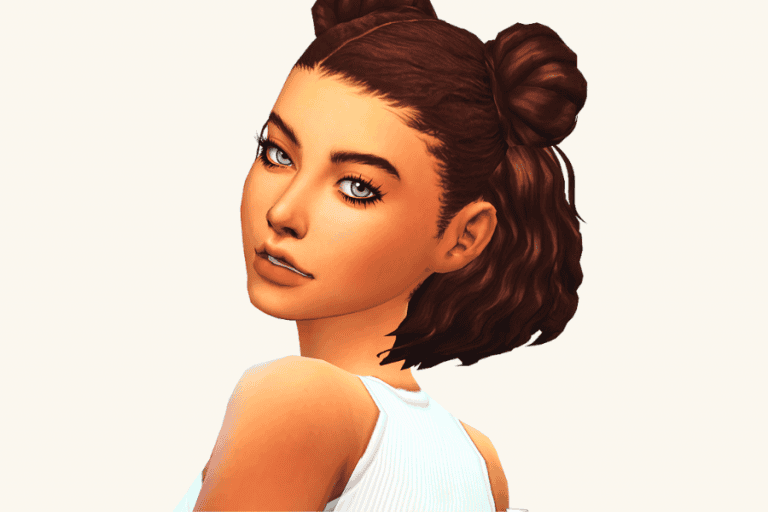 Stunning animated female character with detailed makeup, brown hair styled in double buns and waves, perfect for gaming or virtual avatar customization.