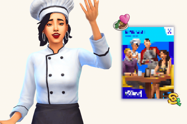 Chef character from The Sims 4 in chef uniform with Must Have Mods logo, food emoji, and pixelated game screenshot, highlighting custom content and gameplay mods.