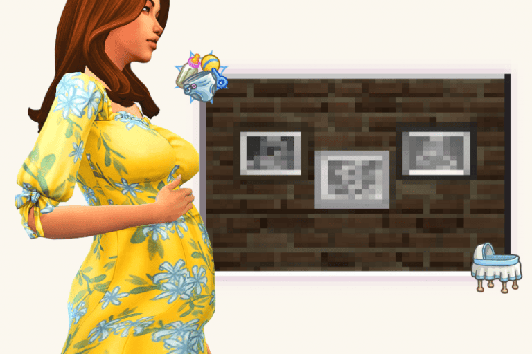 Pregnant woman in yellow floral dress looking at framed art on wooden wall in virtual home, showcasing popular The Sims game mods and custom content for immersive gameplay.
