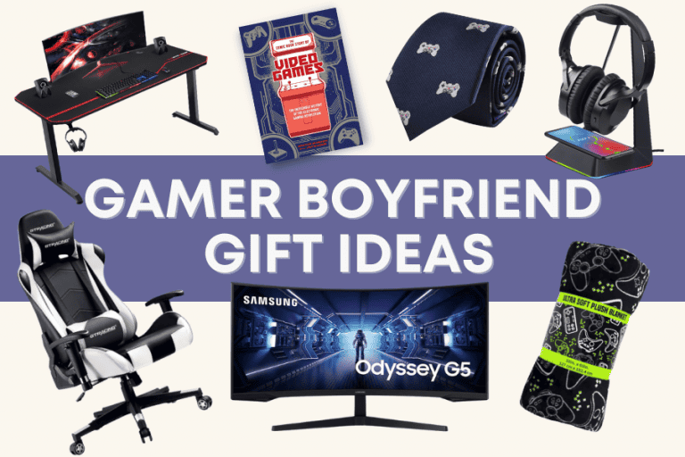 Gamer boyfriend gift ideas including gaming desk, video games, tie, headphones, gaming chair, monitor, plush blanket, and gaming accessories for the perfect gaming setup.