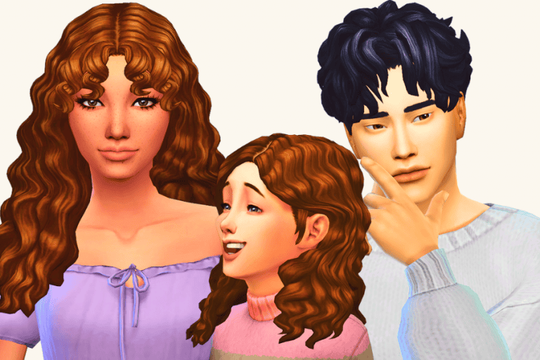Cute animated family characters with detailed hair and fashion, showcasing custom mods for The Sims 4 from Must Have Mods, highlighting vibrant styles and creative customization options for gamers.