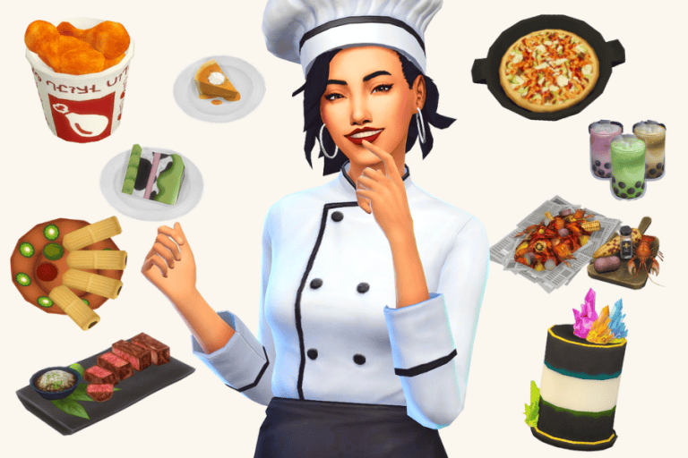 Food and drink items from The Sims game, including pizza, cake, sushi, snacks, beverages, and a chef character in traditional uniform, showcasing culinary and dining customization options.