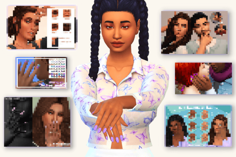 Model creating custom digital makeup and hair styles for The Sims 4, showcasing popular mods and CC, vibrant colors, detailed textures, and character customization options for simulation games.