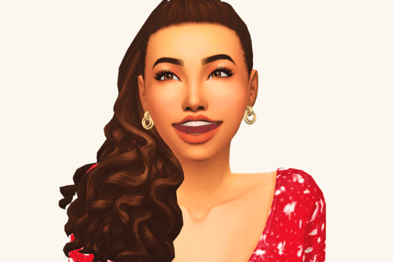 Must have mods character illustration, anime style, bright colors, detailed facial features, expressive woman with long wavy hair, wearing red patterned top and gold earrings.