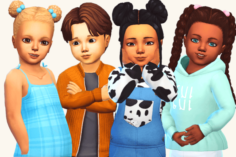 Cute children avatars in colorful casual outfits from The Sims 4, showcasing popular game mods and custom content, perfect for enhancing gameplay experience.