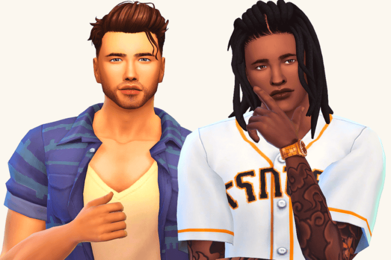 Male avatars with trendy hairstyles and fashion mods for The Sims 4, showcasing customizable character styles from Must Have Mods.