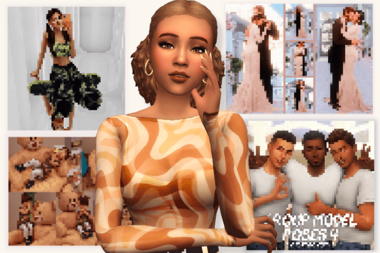 Cute virtual female avatar with modern makeup and stylish earrings, set against a background of pixelated mod images, showcasing custom clothing mods and digital fashion trends.
