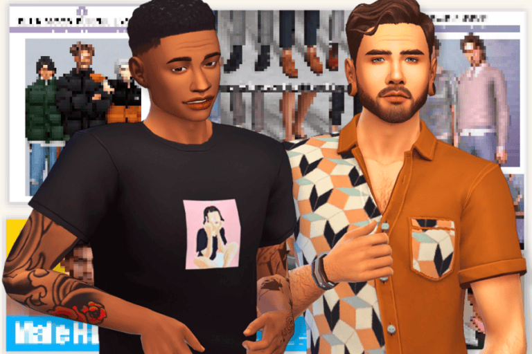 Black-haired male character with tattoos and casual clothing from The Sims 4, featuring custom mods and outfits for enhanced gameplay and visual customization.