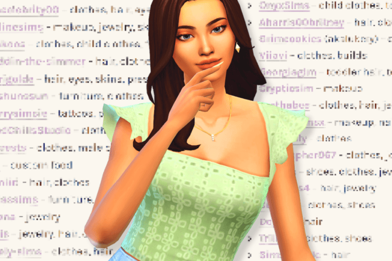 Stylish woman with long brown hair wearing a light green summer dress, posed thoughtfully against a blurred background of online shopping website text.