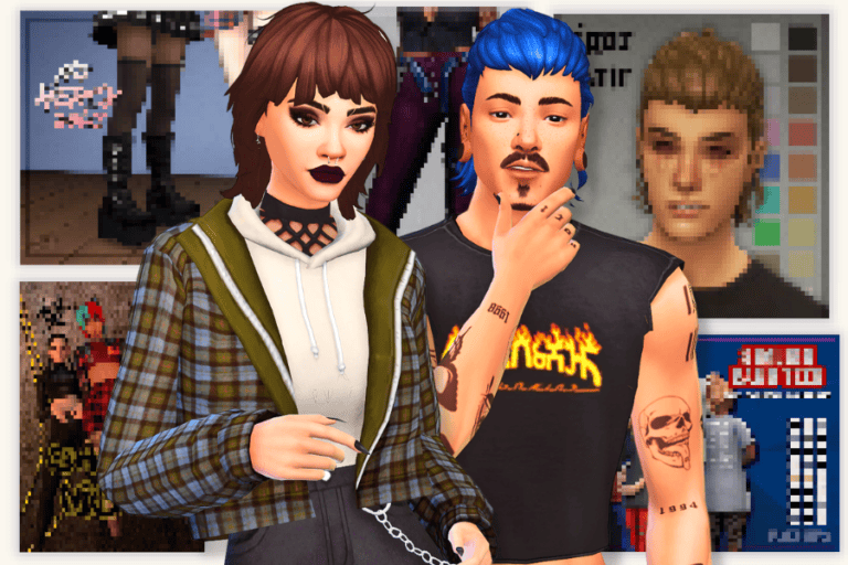 Casual male and female Sims characters in trendy outfits with a digital art style, showcasing popular mods from Must Have Mods for The Sims 4.