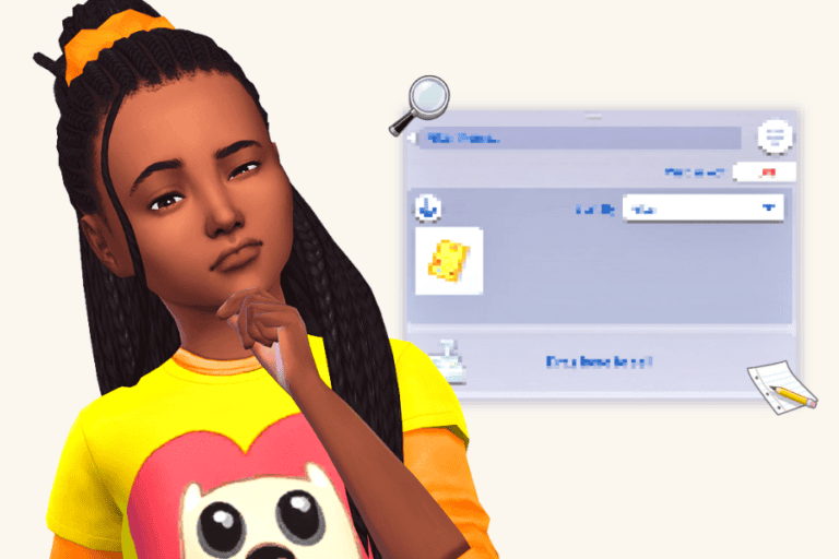 Cute animated girl with braided hair and a yellow hoodie featuring a cute animal face, thinking about mods for The Sims game, showcasing customization and gaming accessories.