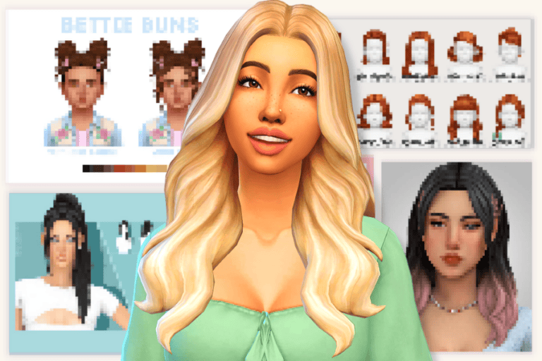 Customizable female avatar in The Sims, showcasing various hair, face, and makeup modifications for game enhancement.