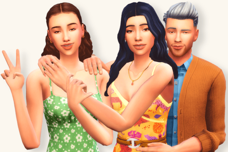 Cute diverse Sims posing with friendship and style, showcasing colorful outfits and modern hairstyles, from Must Have Mods, perfect for enhancing Sims 4 game customization.