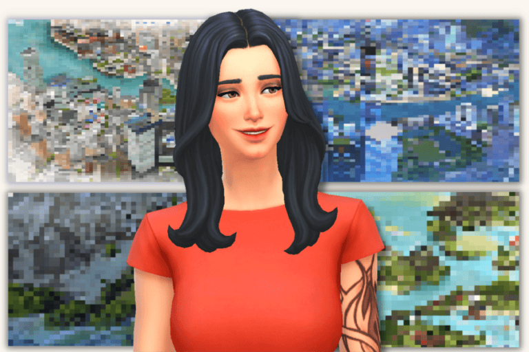 Lush black hairstyle rendered with custom mods on a female avatar from The Sims, showcasing detailed hair textures and realistic styling options.