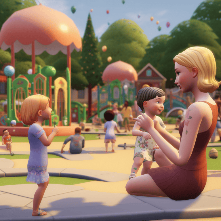 Cute animated children playing in colorful park with playground and trees, illustrating family-friendly fun and outdoor activities, perfect for Must Have Mods' gaming customization content.