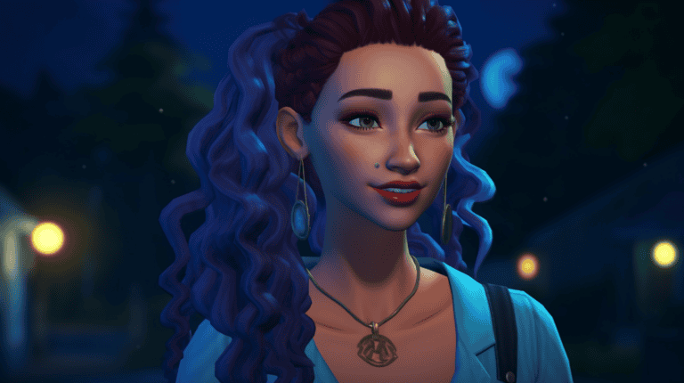 Must-have mods, gaming character portrait, vibrant female avatar with curly blue hair, stylish earrings and vibrant makeup, detailed digital illustration for gaming customization and mod showcases.