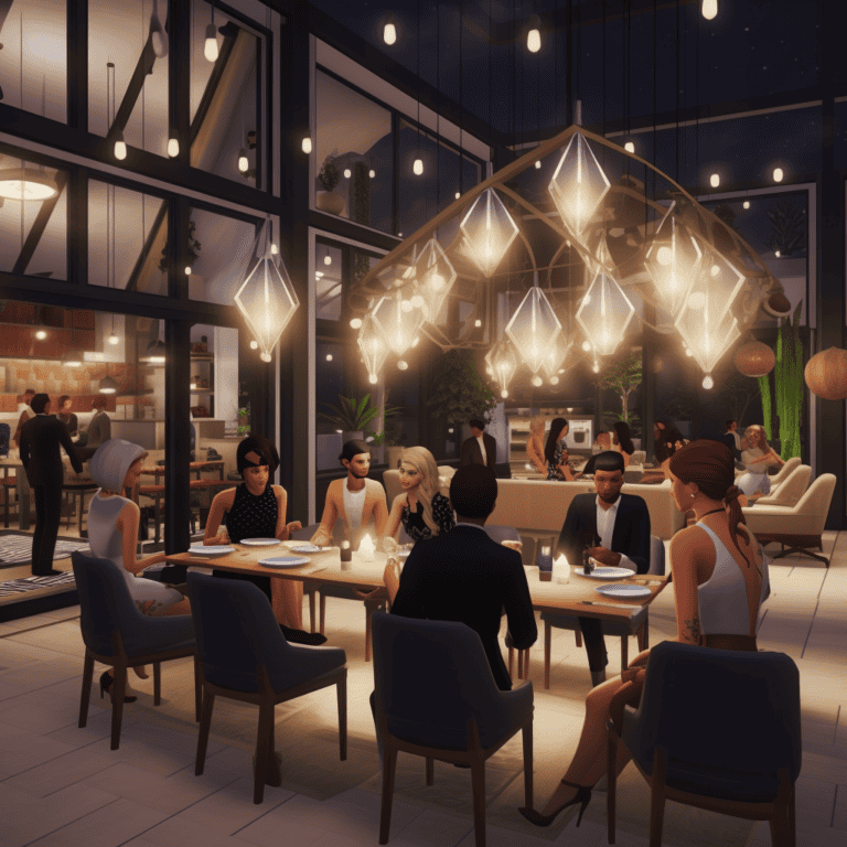 Luxury restaurant interior with modern lighting and stylish furniture, upscale dining scene, ambient evening atmosphere, sophisticated decor, musthavemods.com.