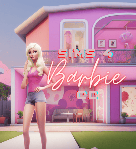 Sims 4 Barbie CC mod showcasing a stylish virtual doll in pink and gray outfit in front of a colorful, modded virtual house for enhanced gameplay and customization.