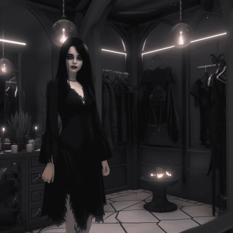 Dark gothic fashion room with gothic clothing and accessories, eerie lighting, and gothic decor, perfect for goth style enthusiasts and alternative fashion lovers.