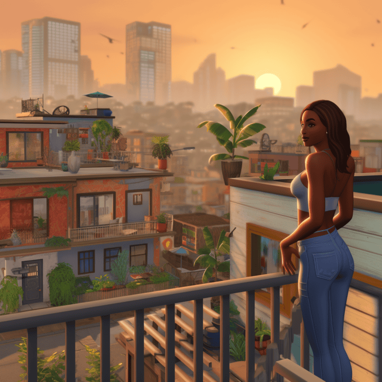 Balcony scene with woman relaxing on rooftop terrace during sunset, urban cityscape in background, modern apartment decor, lush plants, vibrant outdoor furniture, evening city view with skyscrapers and city skyline, cozy urban lifestyle, Must Have Mods style.