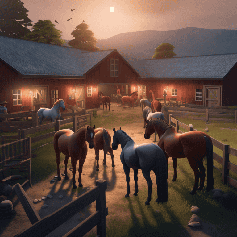 Horses in stable at sunset, rustic farm with wooden barn, scenic countryside landscape, equine stable with horses, sunset background, Must Have Mods virtual farm simulation game.