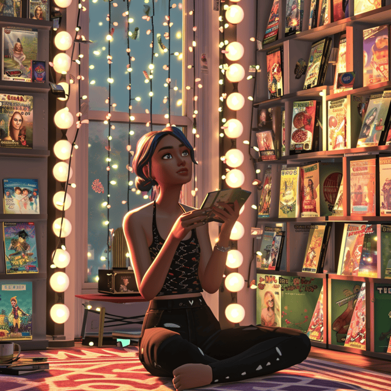 A young woman sitting on the floor reading a comic book in a cozy bookstore with fairy lights and shelves full of colorful manga and graphic novels.