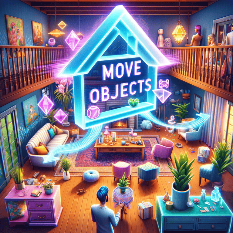 Move objects mod, neon-lit living room with colorful furniture, plants, and decorations, showcasing creative game modification for enhanced gameplay. The image emphasizes the importance of move objects mod in virtual design.