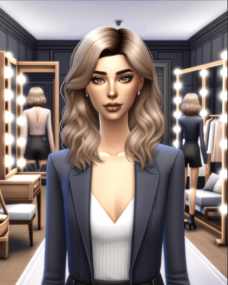 Blonde woman with wavy hair in a stylish outfit in a dressing room with vanity mirrors and bright lighting.