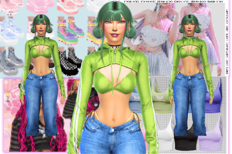 Green crop top with cutout design, high-waisted jeans, and colorful virtual fashion accessories for Sims 4.