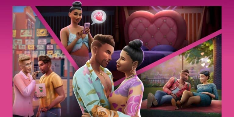Romantic couple gaming mods for Sims 4, vibrant romantic scenes with TikTok couples, cute love moments with hearts, dating scenes, colorful backgrounds, romantic interactions, Must Have Mods content.