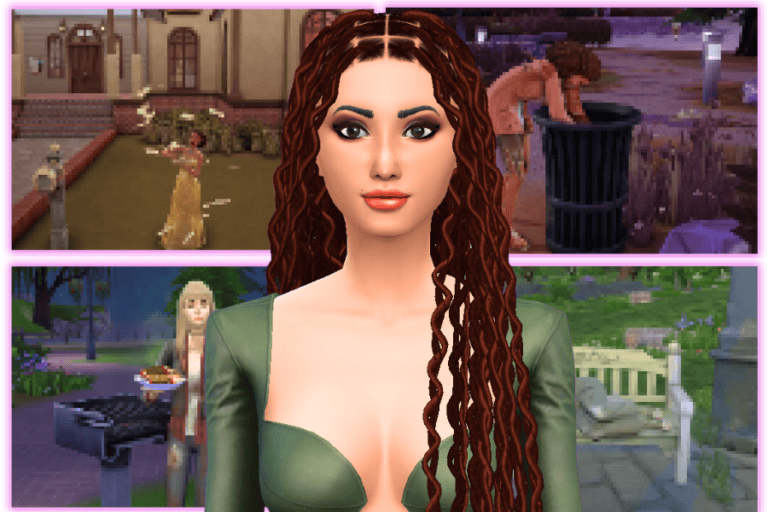 Beautiful female character with long curly brown hair and green outfit, set in various outdoor environments in The Sims 4 game featuring Must Have Mods.