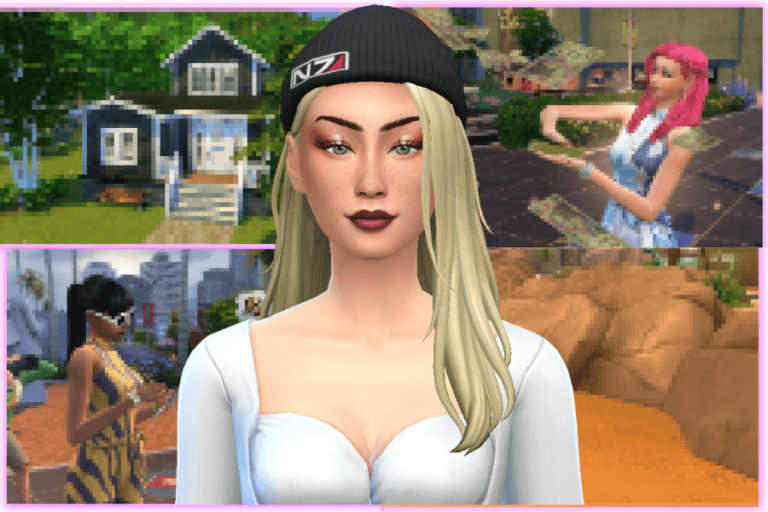 Chic female avatar with blonde hair and a black beanie featuring N7 logo, set against colorful, custom-designed Sims 4 backgrounds showcasing popular mods and gameplay environments.