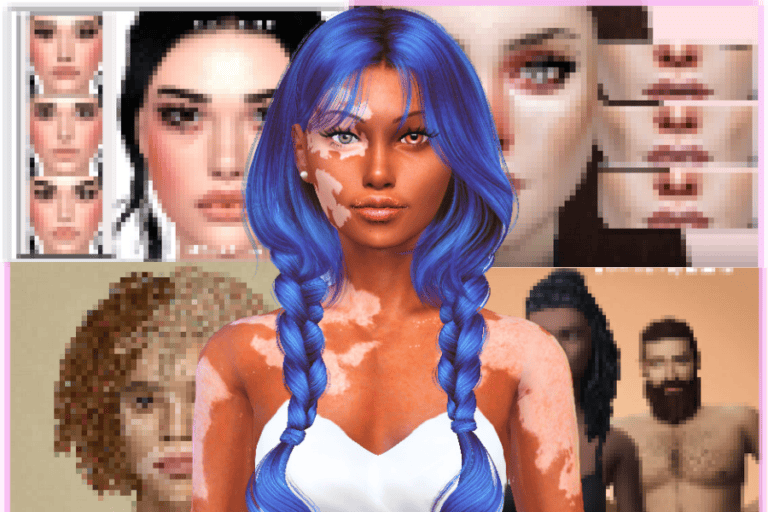 Blue-haired woman with digital skin effects, showcasing customizable avatar mods with vibrant hair color and skin tone adjustments.