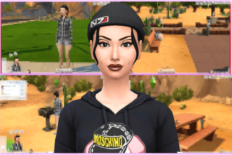 Must Have Mods character with custom hairstyle and makeup, wearing a black MOSCHINO hoodie in a desert-themed virtual environment for The Sims 4.