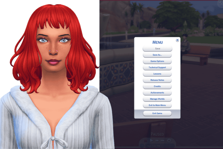 Female avatar with red hair and blue eyes, digital character for Sims game modding, customized appearance, vibrant hairstyle, detailed facial features, must-have mods content, gaming customization, Sims game mods.
