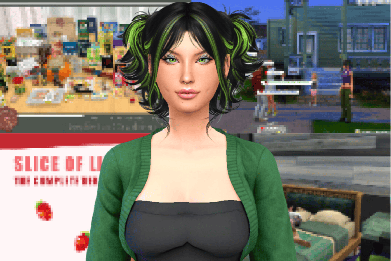 Vibrant female avatar with green and black hair, dressed in a green cardigan and black top, set against a pixelated gaming environment background, highlighting popular Sims game mods and customization options.