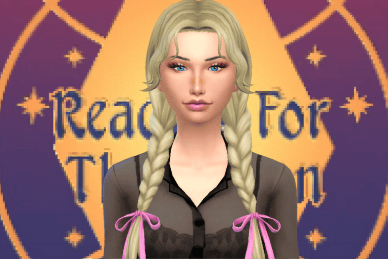 Blonde female Sim with braided hair and pink bows, digital character from The Sims 4, in front of Must Have Mods background for gaming customization images.