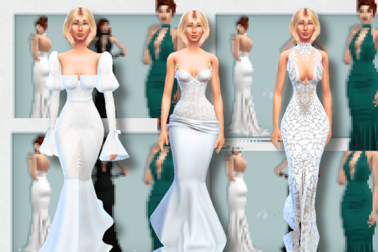 Elegant virtual fashion models showcasing must-have wedding dresses and evening gowns for The Sims 4, highlighting custom content and modding creativity.