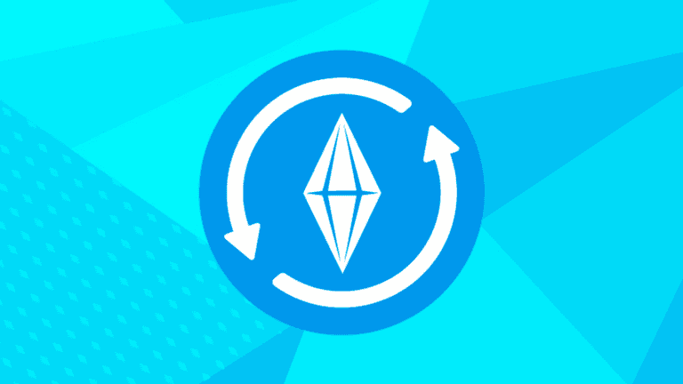 Vector icon of a diamond shape with circular arrows around it, representing gameplay or game update mechanics. Suitable for gaming, mods, and updates for The Sims or other simulation games.