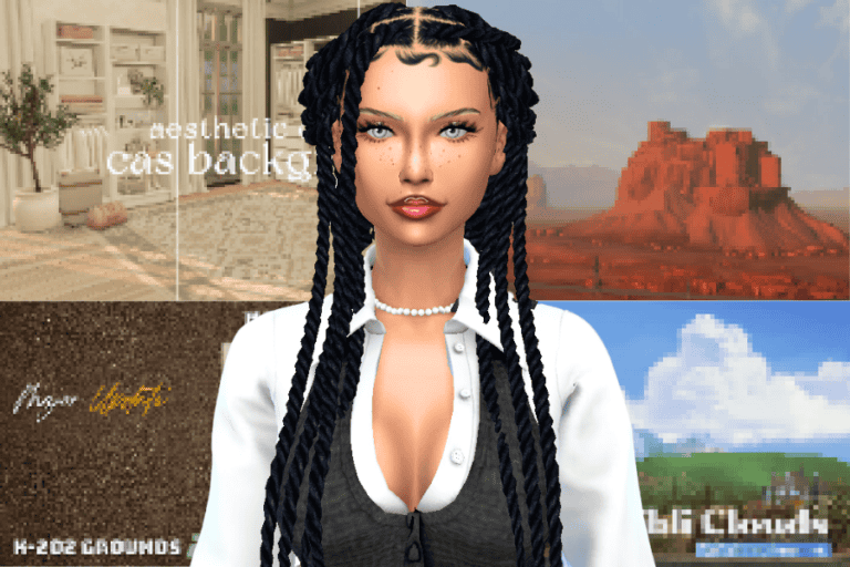 Detailed digital avatar with custom mods, showcasing virtual fashion and graphic backgrounds for gaming or metaverse environments.