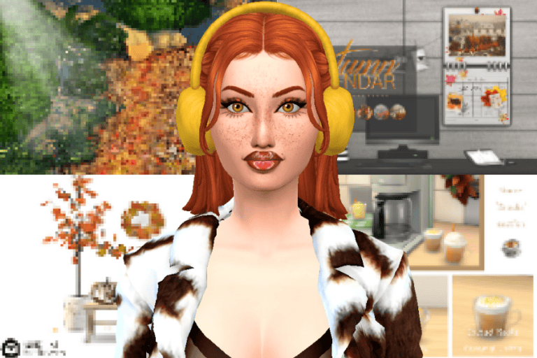 Female avatar with red hair wearing yellow headphones, in a cozy autumn-themed room with decorated walls and kitchen, showcasing popular Sims 4 mods for enhanced gameplay and customization options.