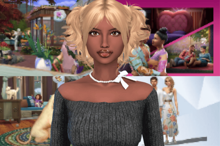 Beautiful virtual character with blonde curly hair, wearing a grey off-shoulder sweater and a white ribbon choker, surrounded by colorful, creatively themed Sims gameplay environments.