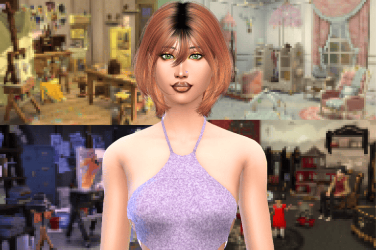 Modern female avatar with detailed features, wearing a purple halter top, set against a pixelated, modded game interior background.