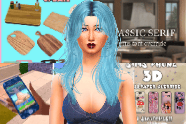 Blue-haired female avatar with freckles promoting The Sims 4 mod, classic serif font, 3D character customization, pixel art backgrounds, modded gaming image for Sims 4 enhancement.
