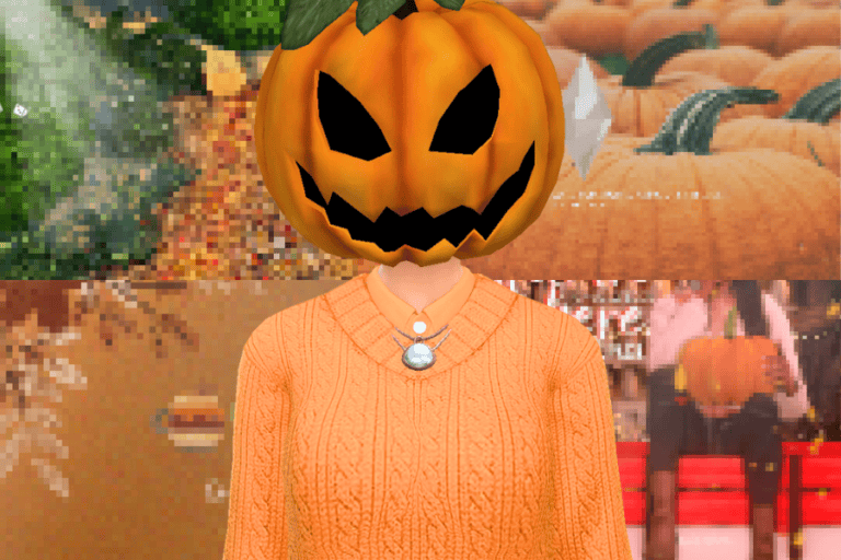 Pumpkin head Halloween costume for spooky festive events, digital art Halloween mask, spooky face pumpkin head mask for Halloween parties and celebrations.